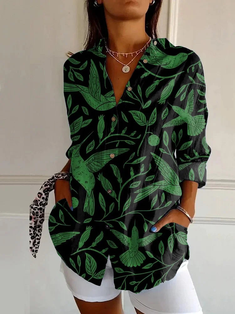 Retro Plant Bird Print Casual Long Sleeve Shirt