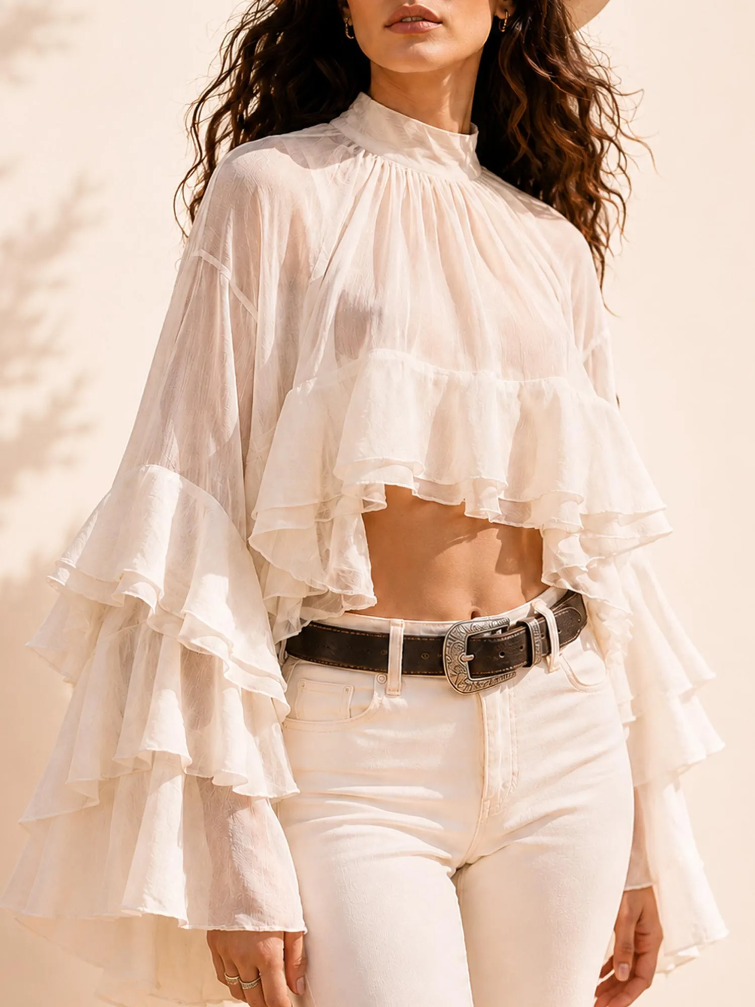 Perfect for a Country Music Festival &mdash; Cream White Multi-Layer Ruffle Sleeve Chiffon Boho Crop Blouse
