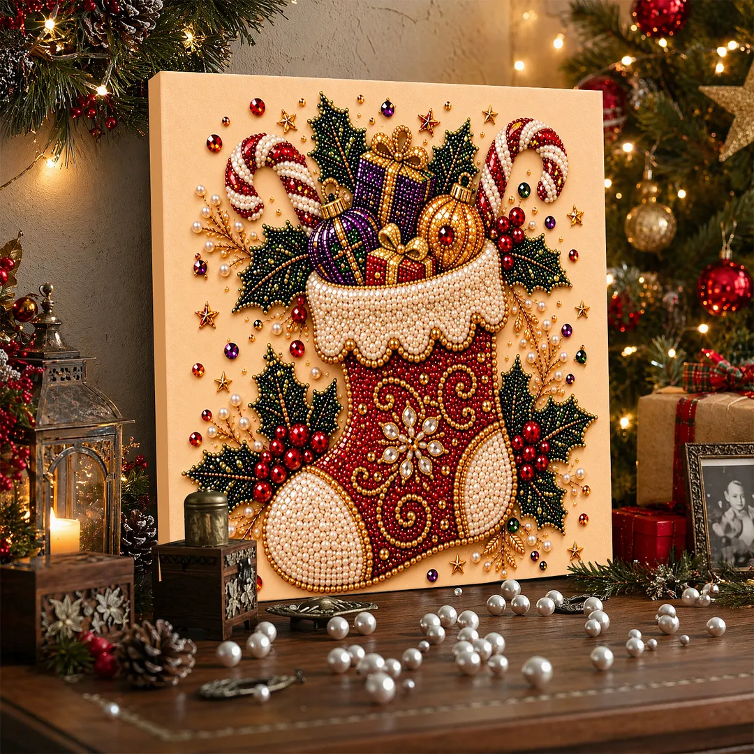 Framed Pearl Painting Kit Christmas Stocking 7.87x7.87in