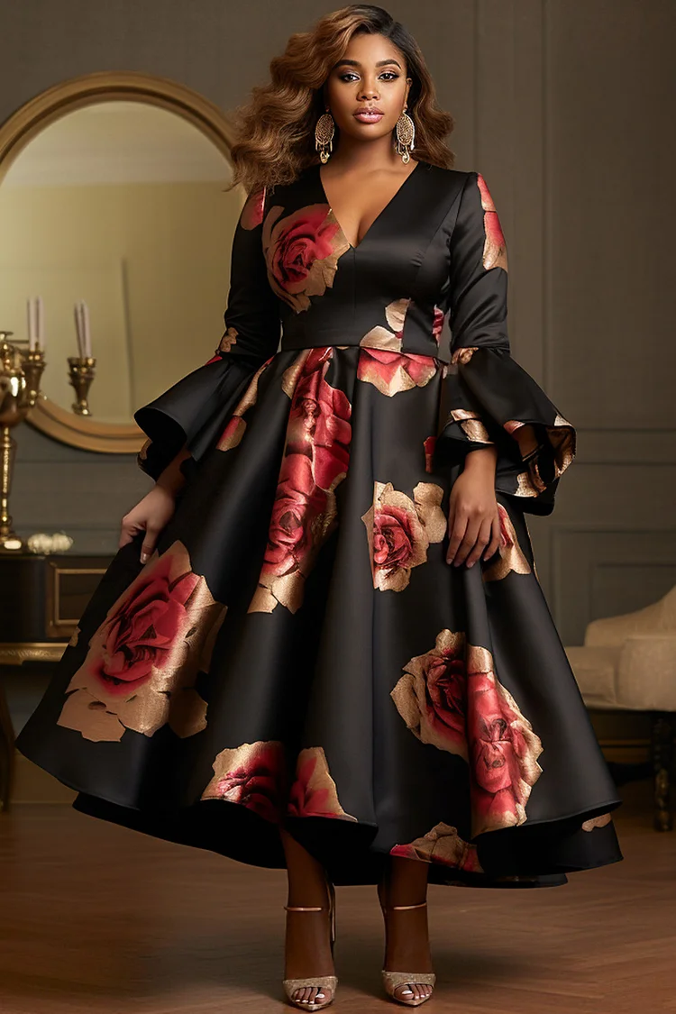 Xpluswear Design Plus Size Cocktail Party Black Floral V Neck Flare Long Sleeve Ruffle Elegant Satin Midi Dresses [Pre-Order]