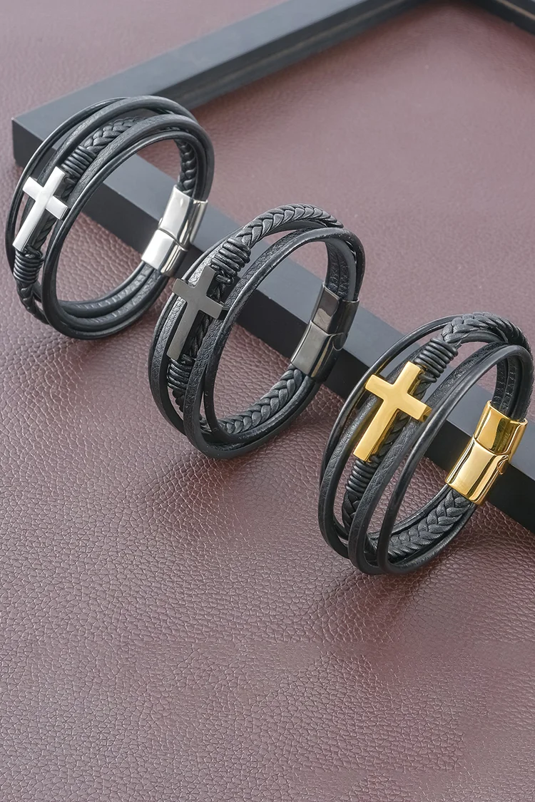 Men's Cross Fashion Layered Braided Leather Bracelet