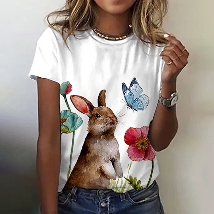 Comstylish Easter Spring Bunny Printed Women's Round Neck T-Shirt"