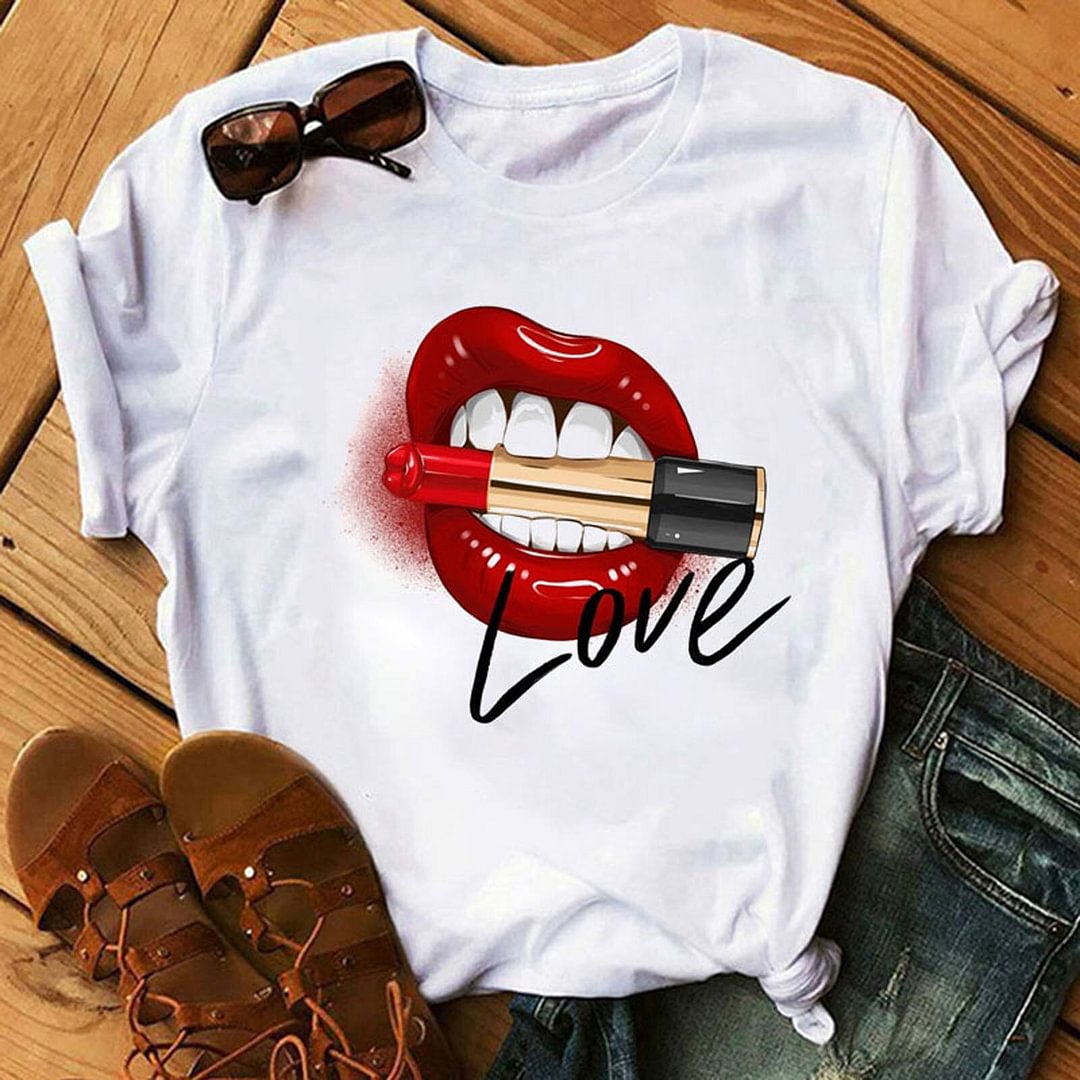 Red Lip Mouth Print T Shirt Women O-neck Short Sleeve Top T-shirt Magliette Donna Plus Size Woman Tshirts Koszulki Damskie