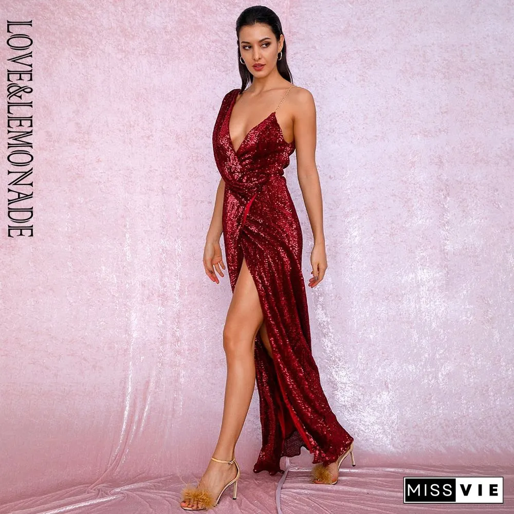 Sexy Deep Red Deep V-Neck Whit Split Sequins Party Maxi Dress LM81849