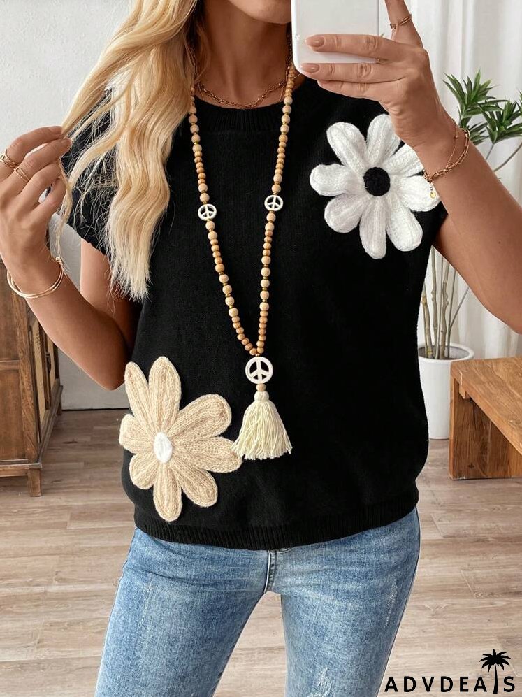 Dopamine Flower Crochet Wide Shoulder Short Sleeve Knit Pullover Sweater, Suitable For Spring, Summer, And Early Autumn