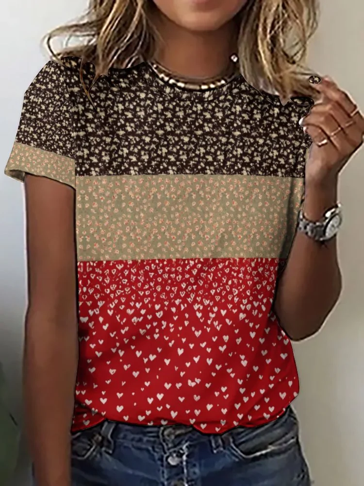 Printed Short Sleeve Casual T-shirt for  Women and Men Unisex Pattern Floral,Heart,Red,Light Coffe,Navy,Stitch