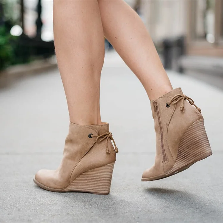 Khaki Fall Boots Round Toe Back Laced Vintage Wedge Booties |FSJ Shoes