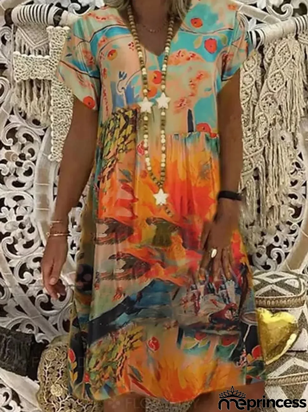 Women's Casual Dress Midi Dress Red Blue Orange Short Sleeve Tie Dye Print Summer Spring V Neck Elegant Loose Fit S M L XL XXL 3XL