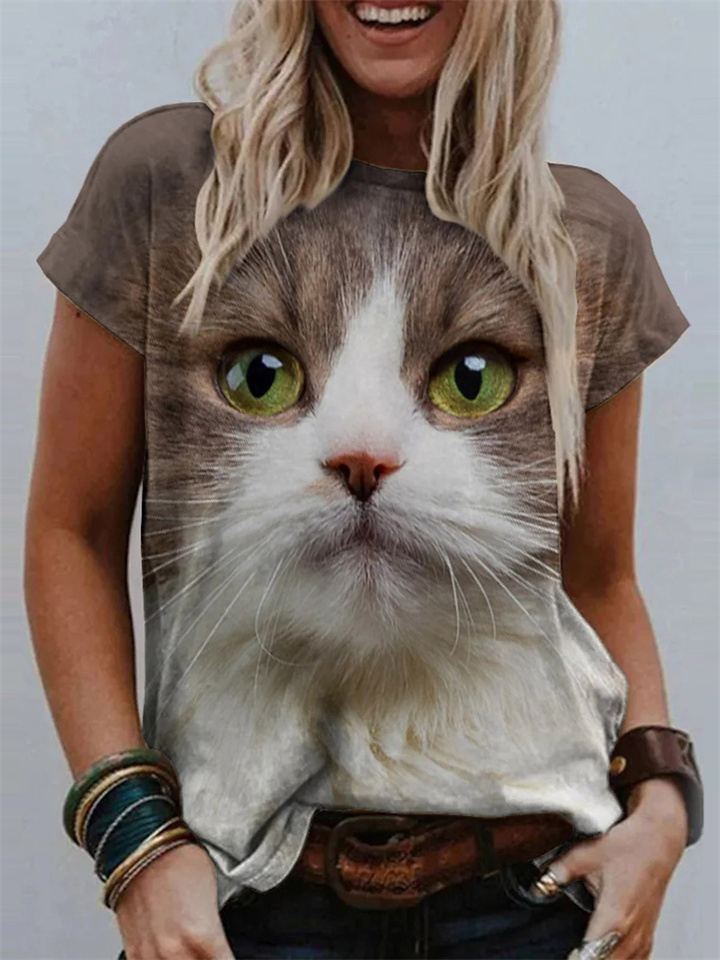 Casual Short-sleeved Female T-shirt Cat 3D Print Round Neck