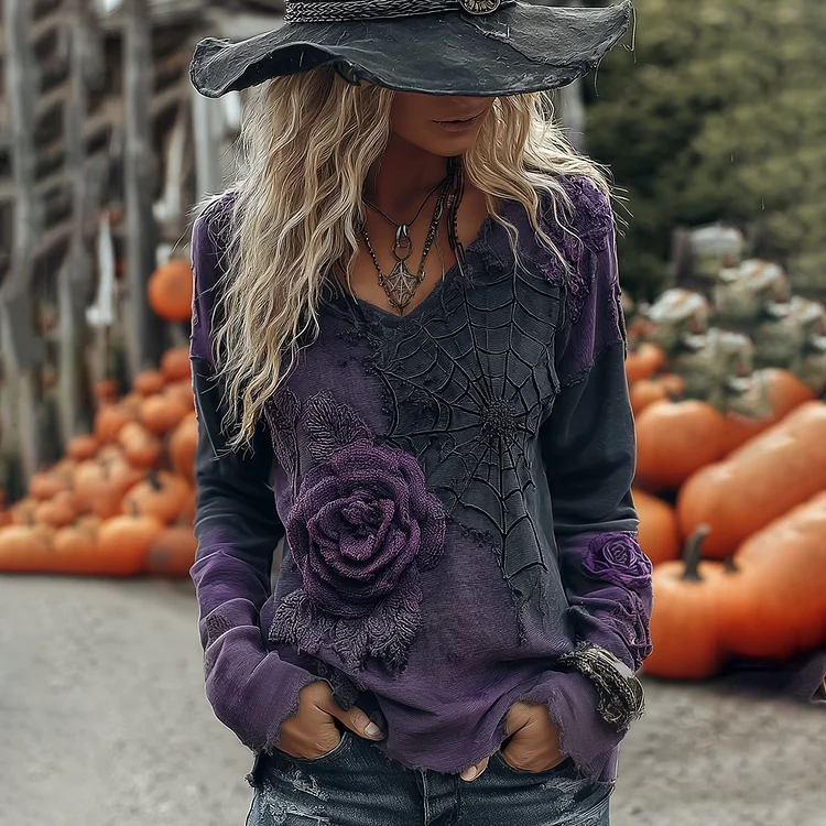 Vintage Halloween Black And Purple Rose Art Long Sleeve V  Neck Tops