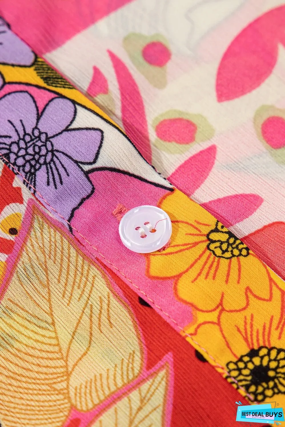 Red Abstract Floral Print Buttoned Ruffled Bubble Sleeve Shirt