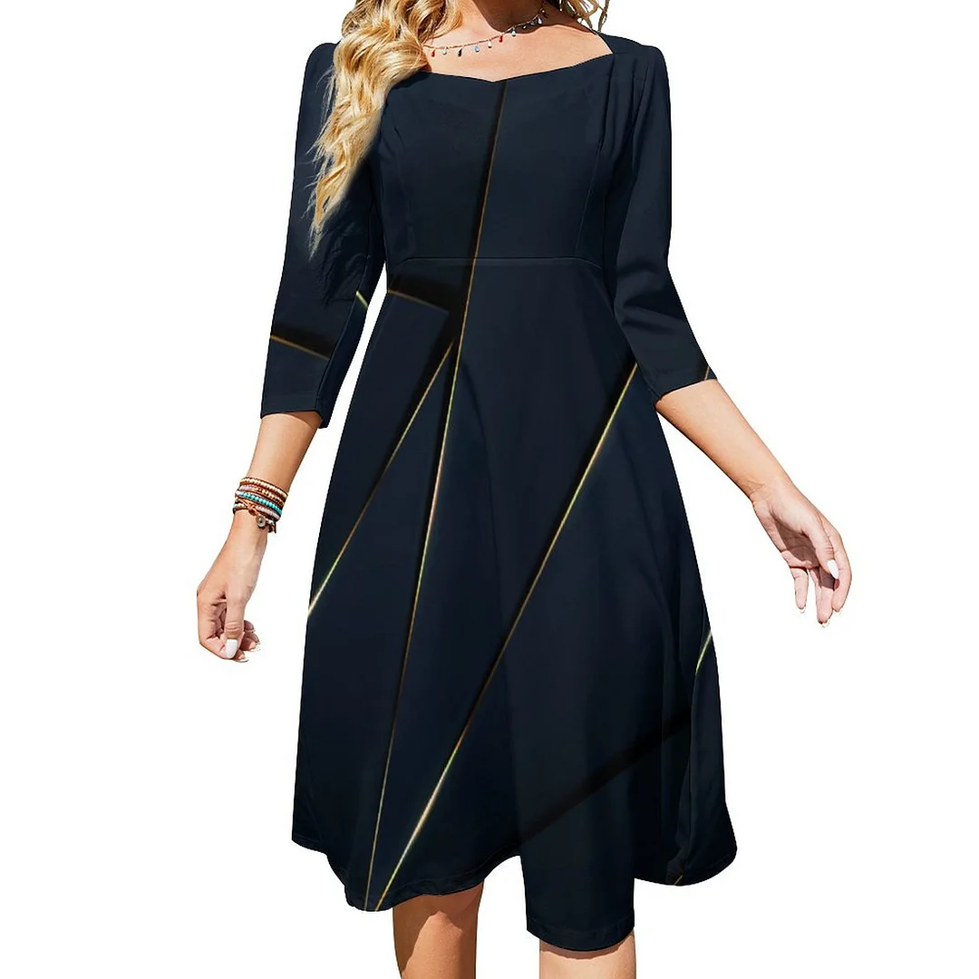 Dark Blue With Abstract Design Pattern Dress Sweetheart Tie Back Flared 3/4 Sleeve Midi Dresses