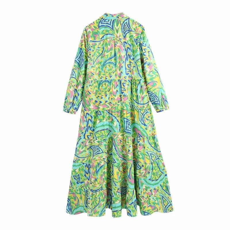 PUWD Oversize Women O Neck Straight Dress 2021 Spring-autumn Fashion Ladies Chinese Style Dress Female Printed Loose Dress