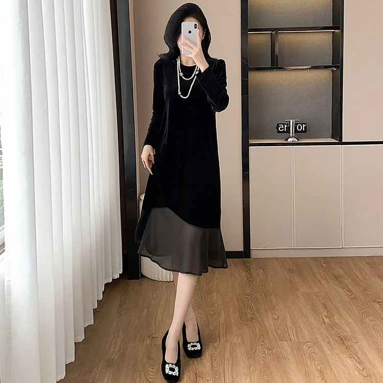 レトロ 切り替え 長袖 着痩せ デート ファッショナブルワンピース