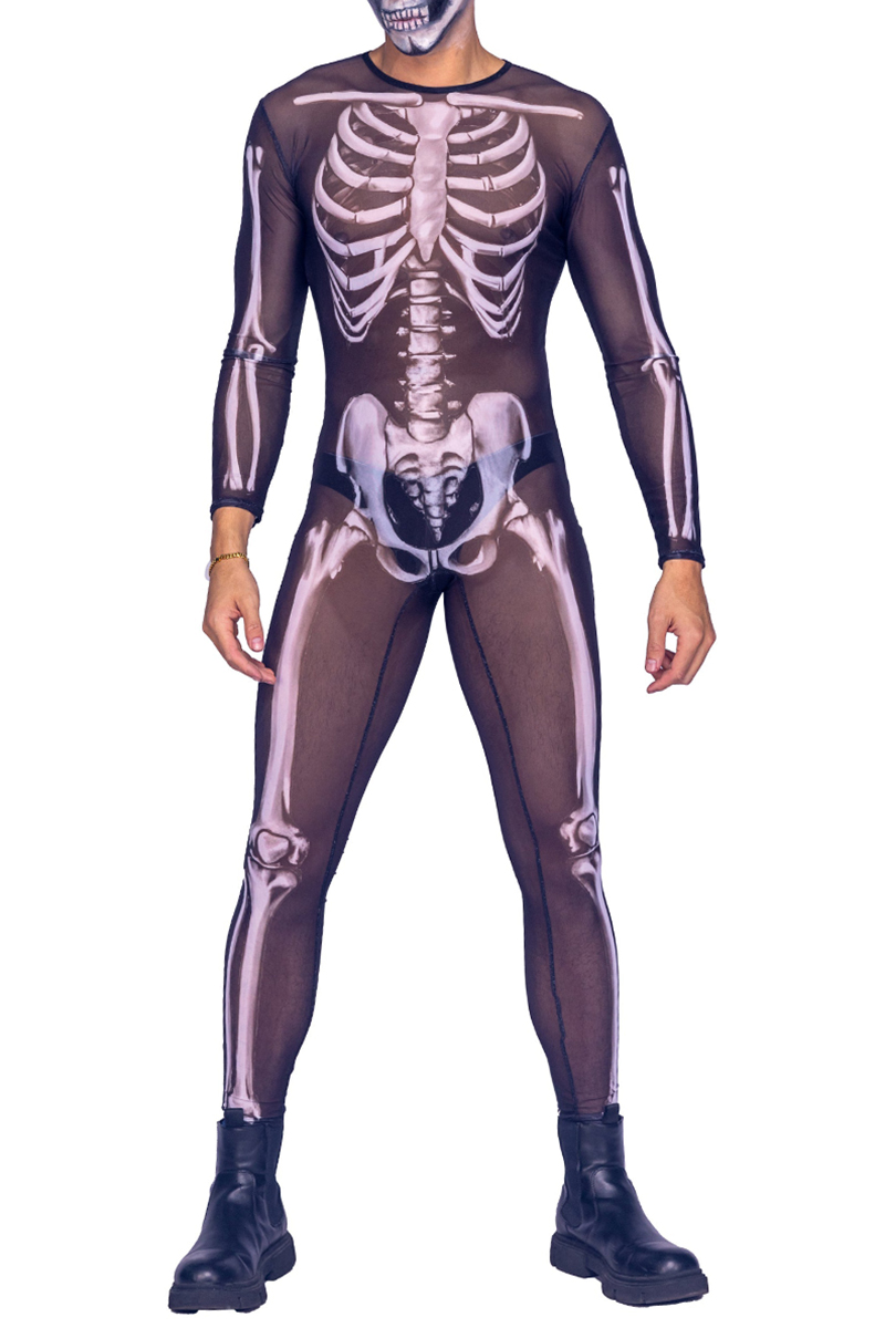 Halloween Skeleton Print Mesh See-Through Costume Stretchy Jumpsuit