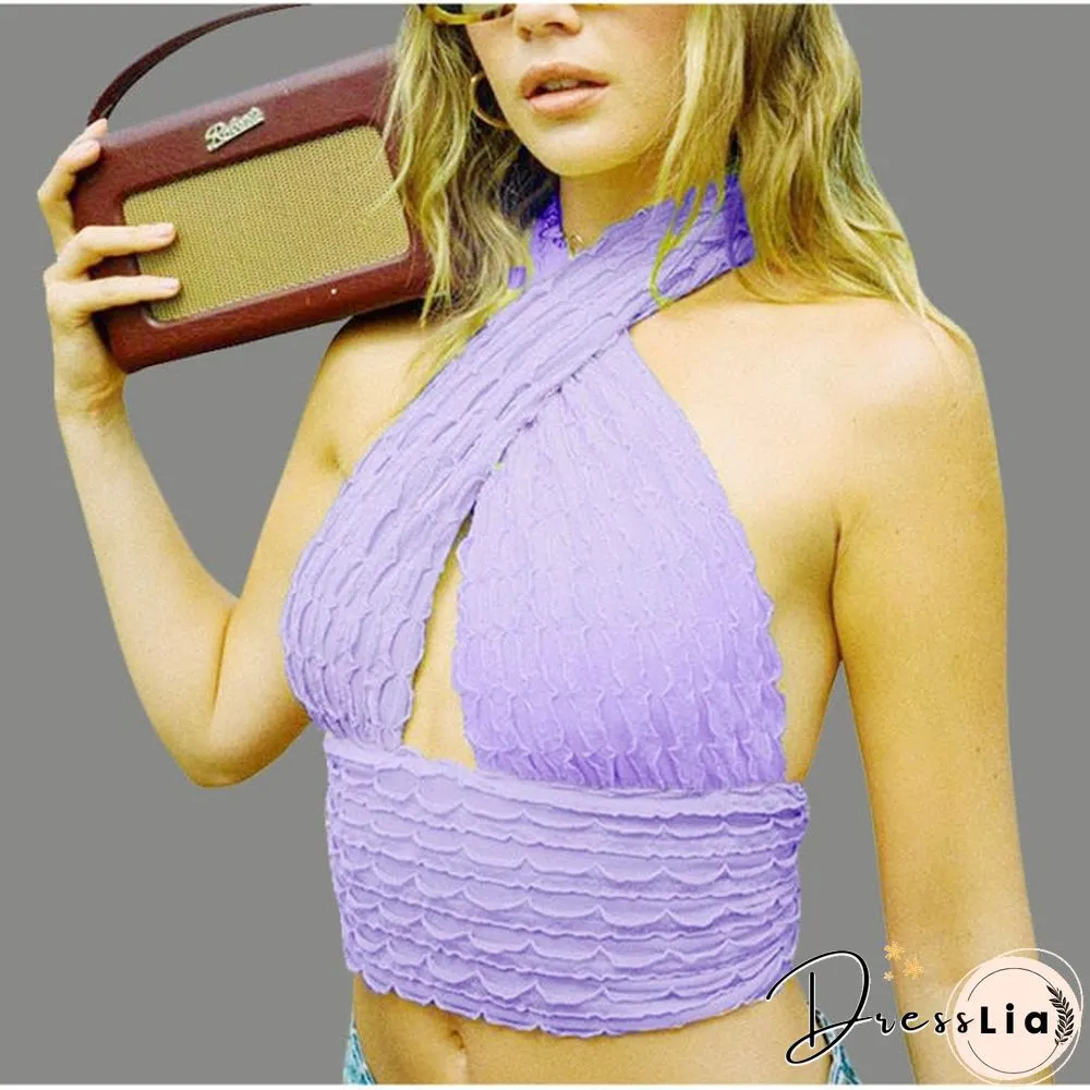Cotton Patchwork Hollow Out Knit Crop Top Women Halter Neck Summer Sleeveless Backless