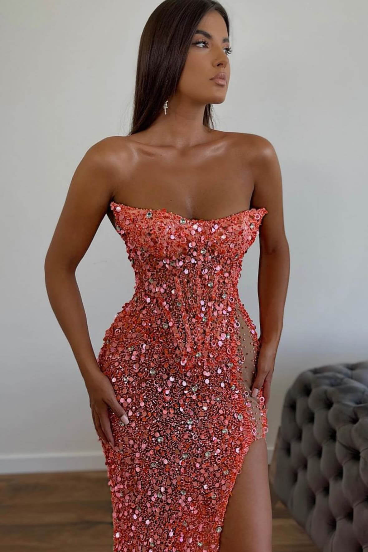 Silver Sweetheart Sequins Prom Dress with Pleats LBQ1732 main image 1