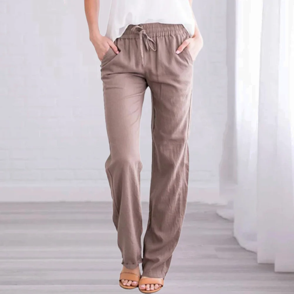 Smiledeer New Ladies Solid Color Cotton Linen Straight Leg Pants