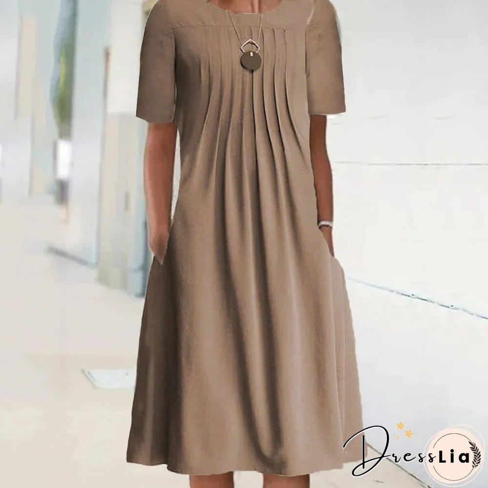 Summer Solid Color Bech Dress Round Neck Pullover Short Sleeve Midi Dress Women's Casual Loose Dress Vestidos De Mujer