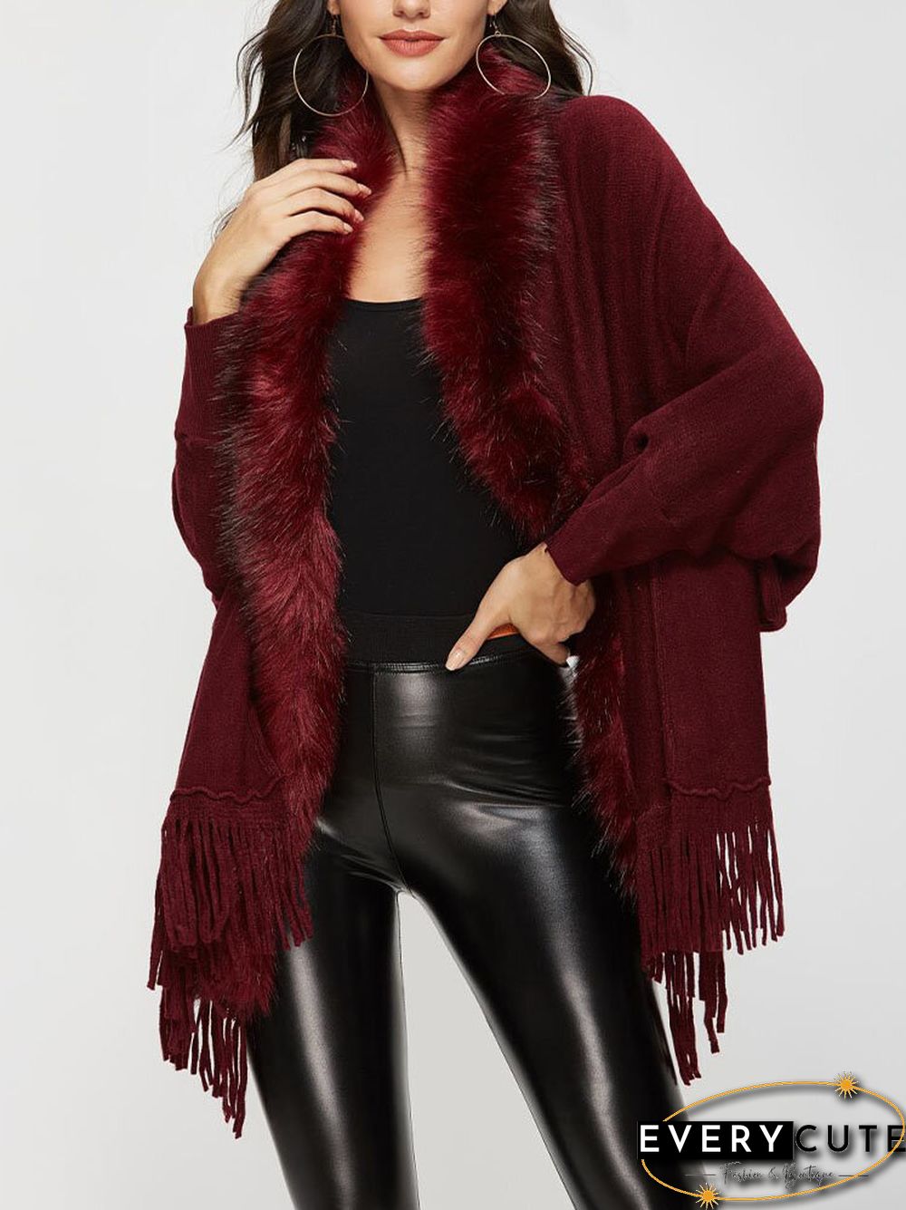 Solid Fringe Hem Dolman Sleeve Open Front Cape Cardigan