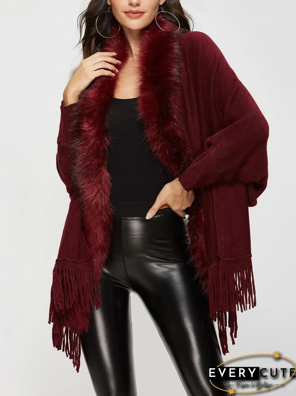 Solid Fringe Hem Dolman Sleeve Open Front Cape Cardigan
