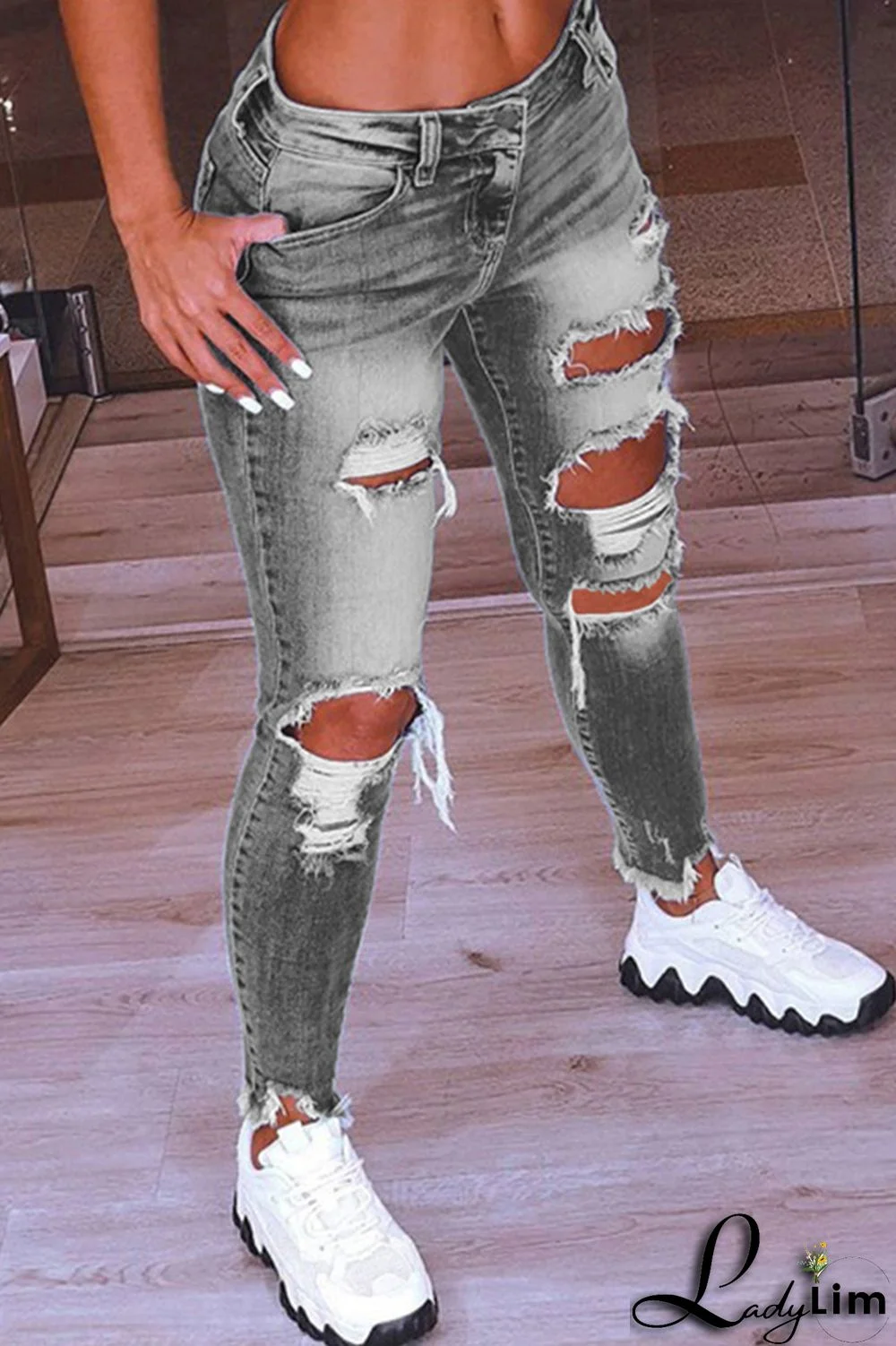 Dark Blue Fashion Casual Solid Ripped Low Waist Skinny Denim Jeans