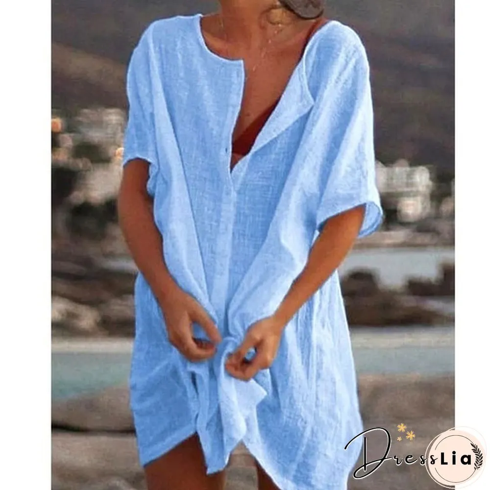 Plus Size Fashion Summer Women's Casual Beach Wear Swimwear Cover-up Linen Dress Loose Short Sleeve Deep V-neck Solid Color Mini Party Dress