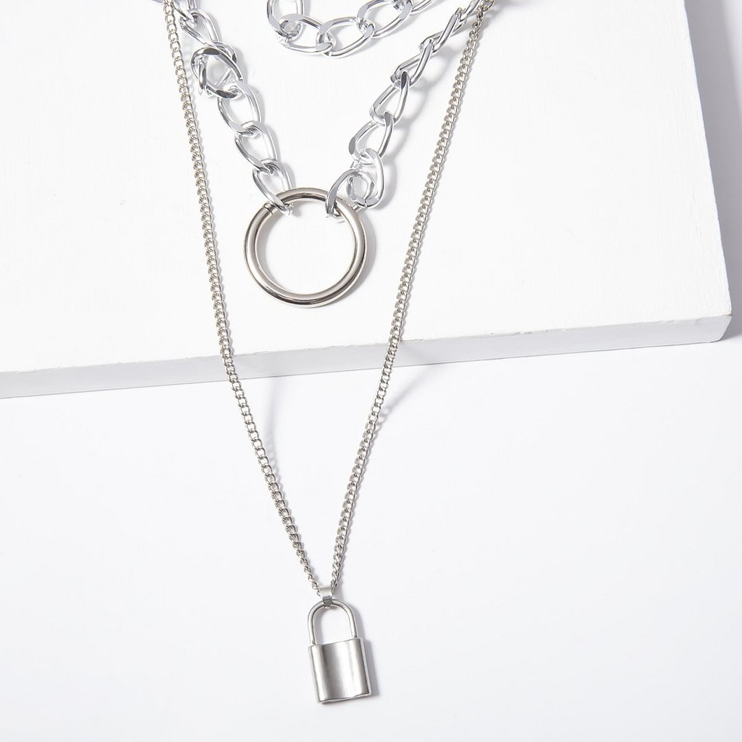 PU BELT CHAIN LOCK LAYERED NECKLACE