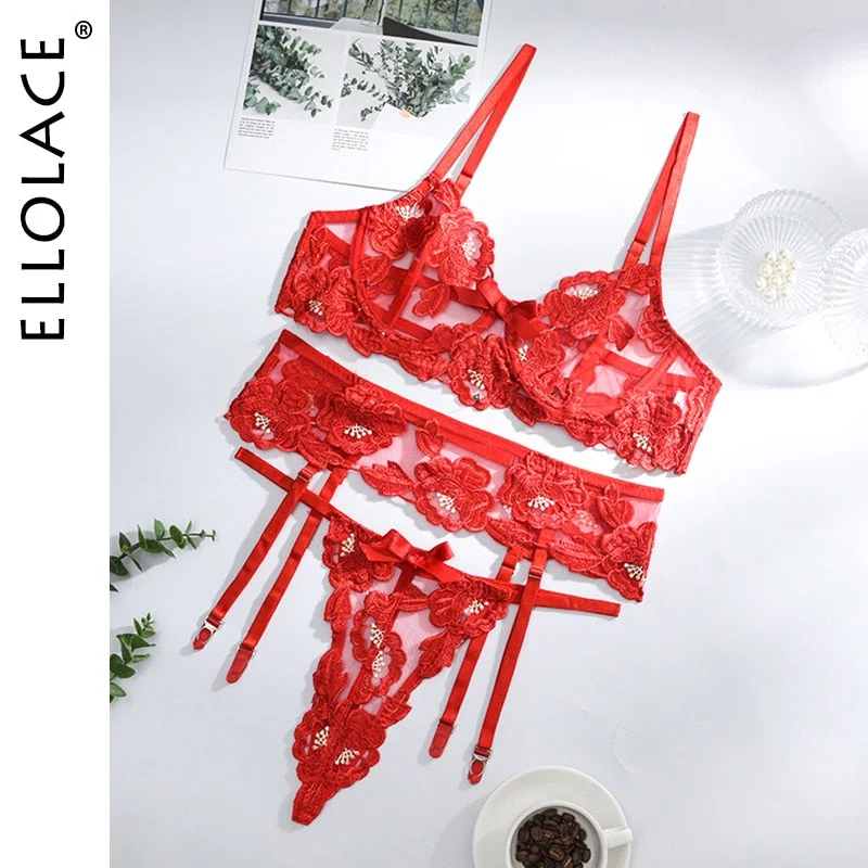 Ellolace Sexy Sensual Lingerie Floral Embroidery Erotic Underwear Underwire Short Skin Care Kit Garters Thongs Red Brief Sets