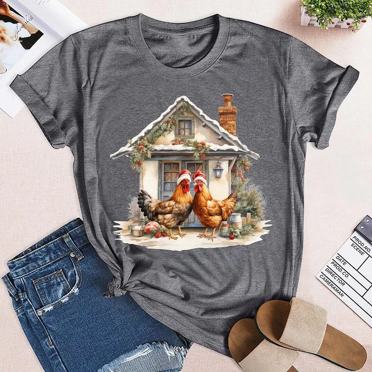 Christmas On The Farm Chicken Round Neck T-shirt-0019946