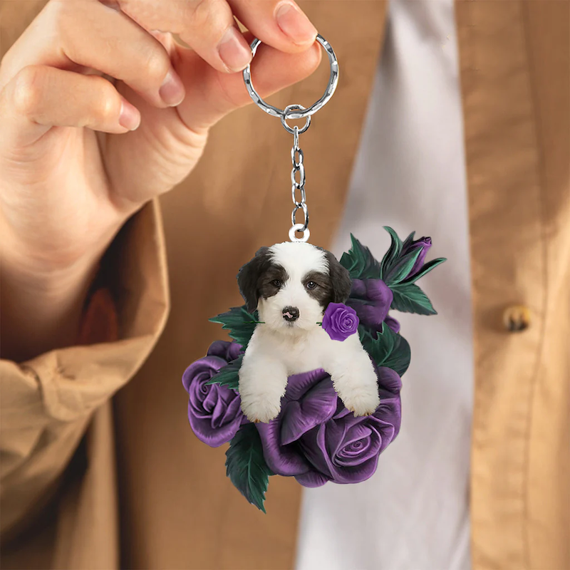 VigorDaily Old English Sheepdog In Purple Rose Acrylic Keychain PR119