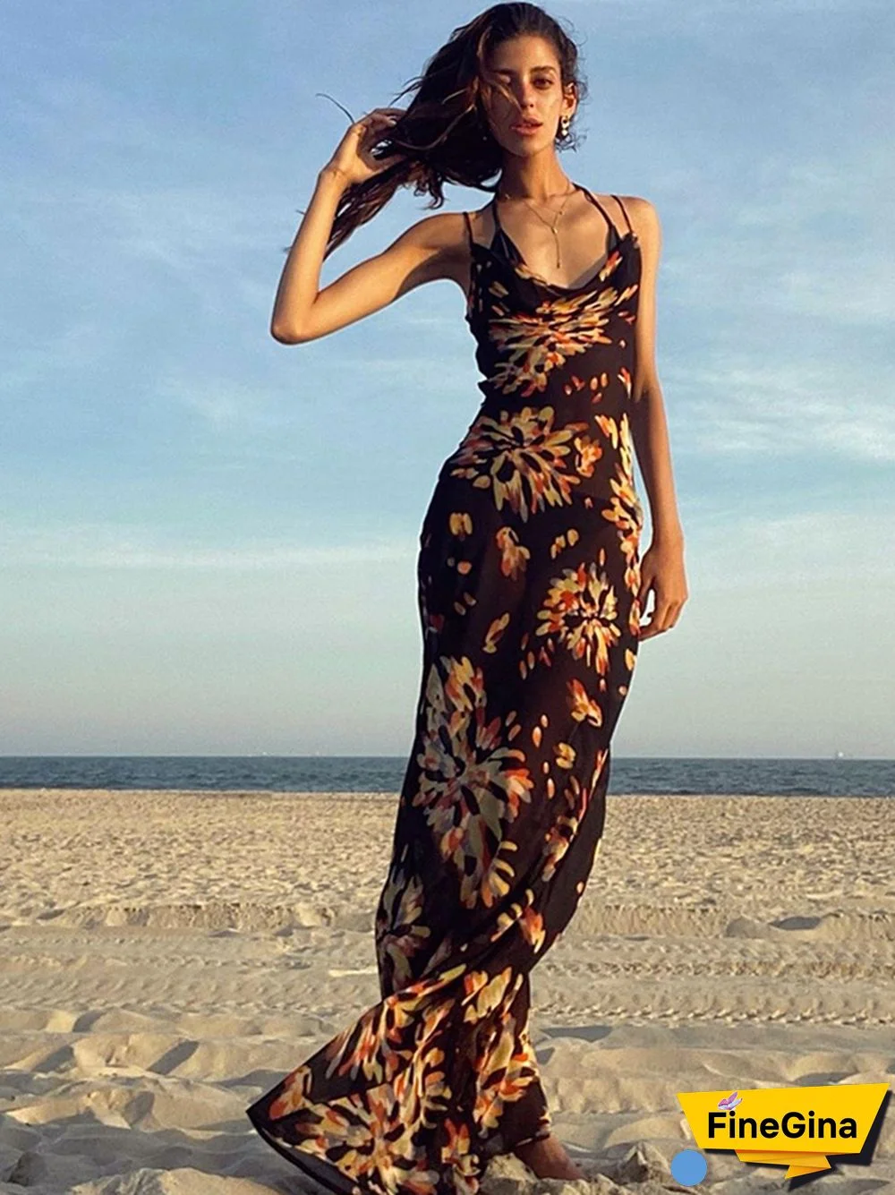 NewAsia Floral Maxi Dress Women Cowl Neck Spaghetti Strap Backless Print Beach Dresses Woman Party Night Sexy Long Dress Black