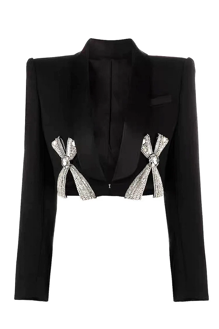 Elegant Rhinestone Crop Blazer Mini Skirt Two Pieces Skirt Set-Black