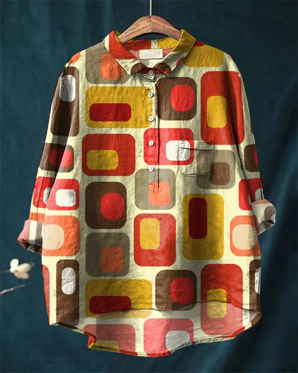 Vintage Abstract Art Print Cotton and Linen Casual Shirt