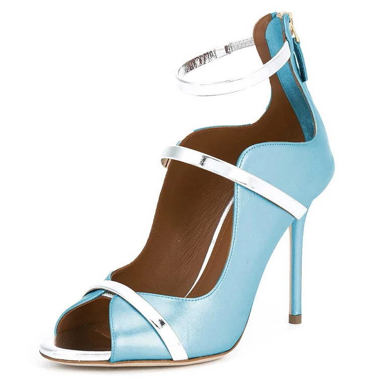 Blue and Silver Metallic Heels Three Straps Peep Toe Pumps Shoes |FSJ Shoes