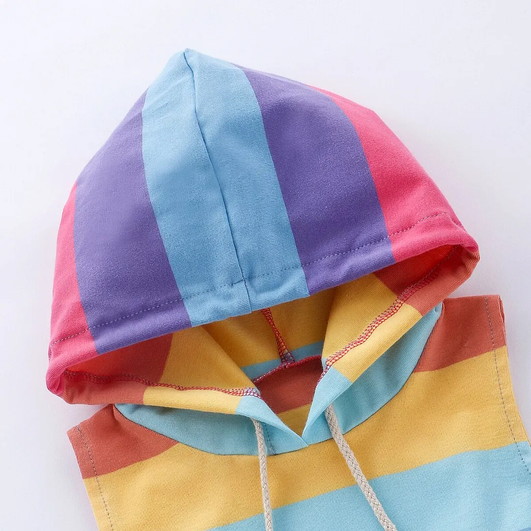 2020 Baby Summer Clothing Kids Baby Girl Hooded Shift Gown Colorful Striped Clothes Rainbow Outfit Split Dress Sunsuit1-7Y