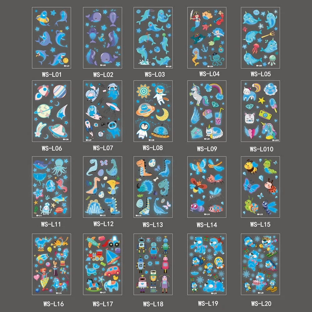European and American children waterproof tattoo stickers cute dinosaur mermaid cartoon blue luminous temporary tattoo stickers