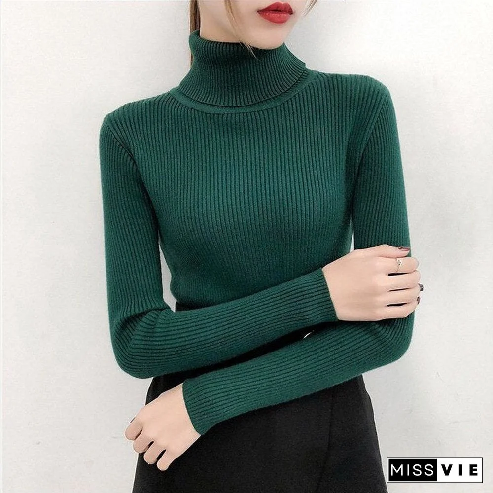 Autumn Winter Knitted Jumper Tops High-Neck Long-Sleeved Pullovers Solid Color Casual Sweaters Women Slimming Bottoming Shirt