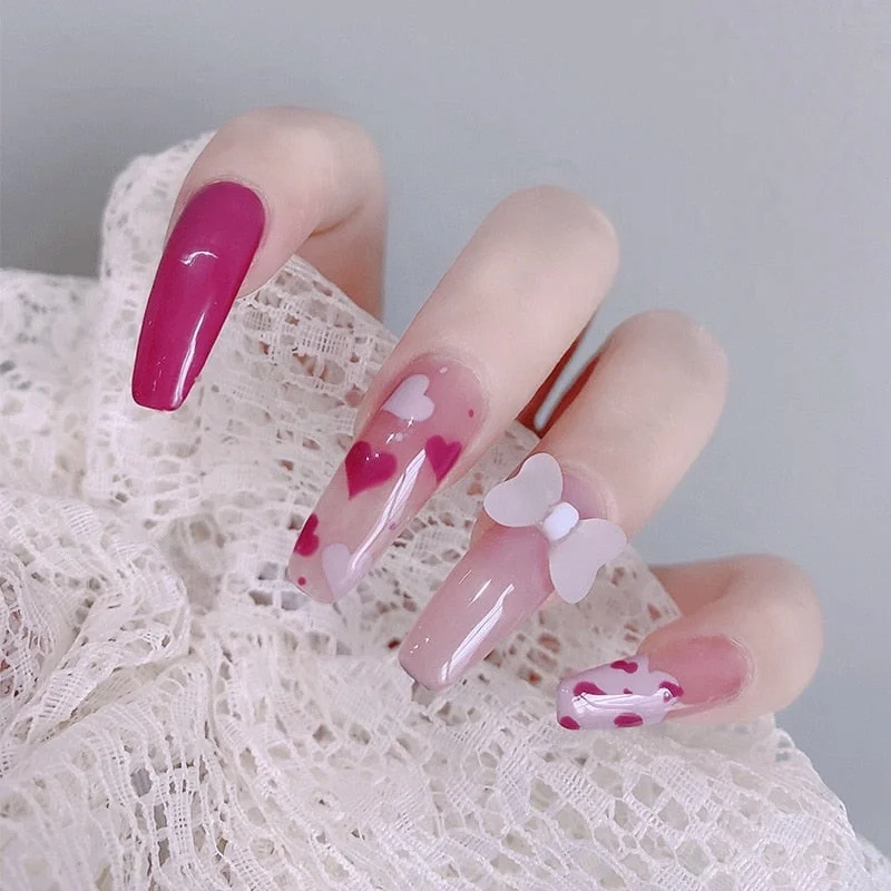 24pcs Bow Love Heart Printed Design False Nails Patch with Glue Women Manicure False Nails Patch with Glue Press On Nails Tips-Nail Inspo