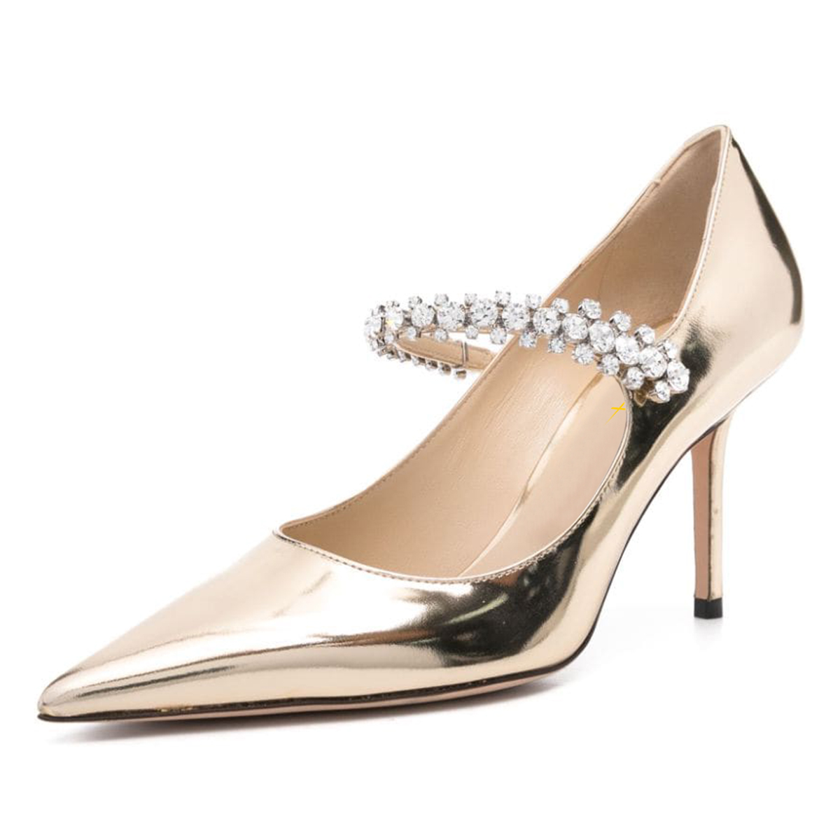 Gold Metallic Pointed Toe Stiletto Heels Pumps with Rhinestone Strap Nicepairs