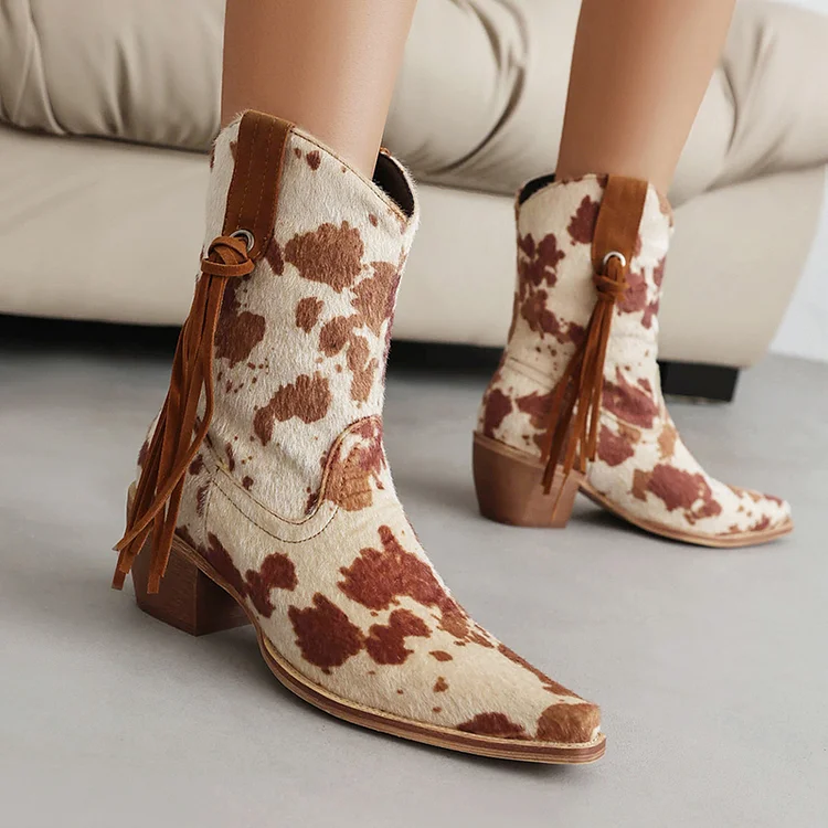 Leopard Print Tassels Trim Pointy Toe Chunky Heels Mid Calf Boots