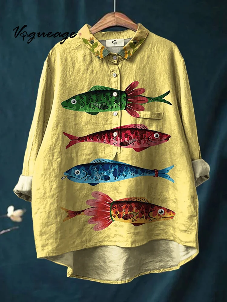 Simple Fashion Leisure Fish Print Cotton And Linen Shirt