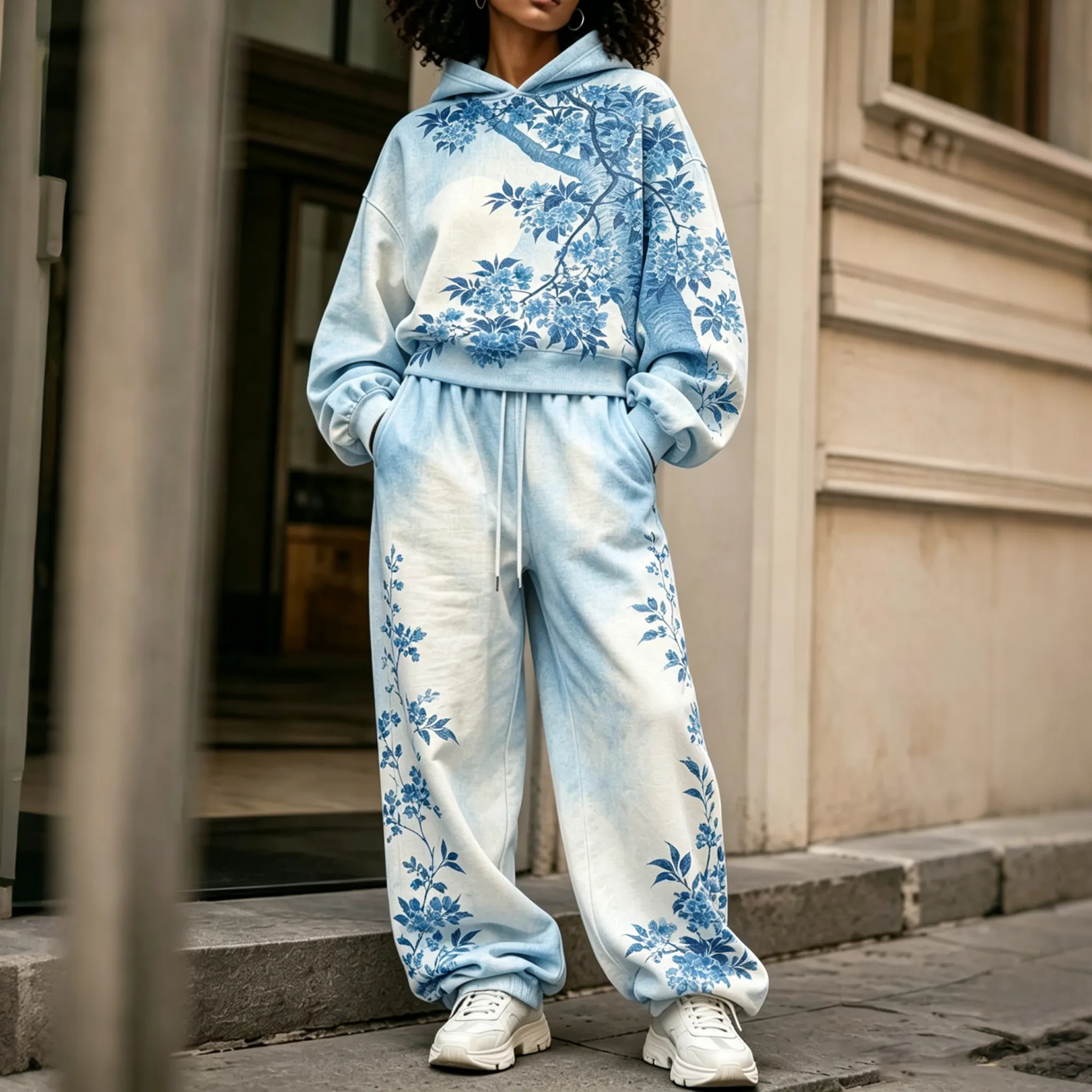 Comstylish Comstylish Women's Vintage Japanese Floral Art Print Hoodie Two Piece Set