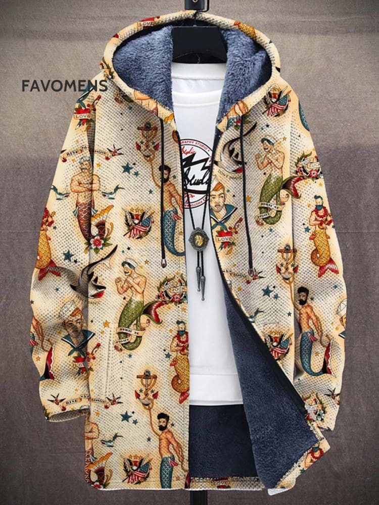 Men’s Art Mermaid Print Plush Thick Loose Long-Sleeved Coat Cardigan Yellow / M