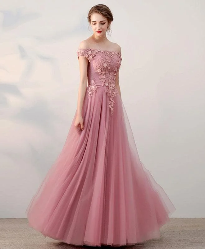 Pink Lace Tulle Long Prom Dress, Pink Evening Dresses