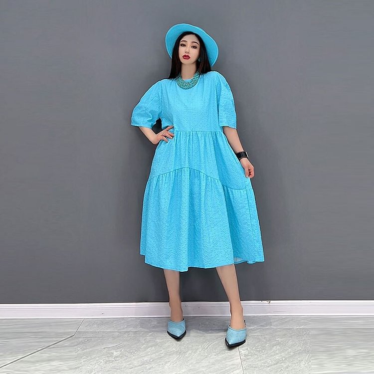 Elegant Loose Solid Color Three-dimensional Texture Half Sleeve Dress      