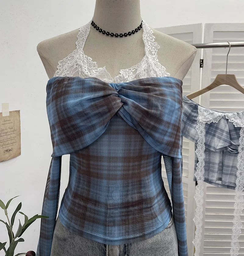 Nigikala Nigikala Hanging Neck Shoulder Mesh Yarn Long-Sleeved Top Design Y2k Short Repair T-Shirt 8070