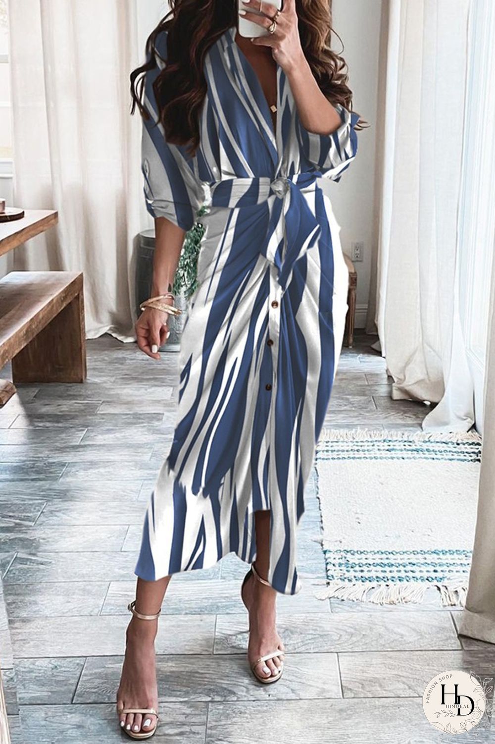 White Fashion Casual Patchwork With Belt V Neck Long Sleeve Dresses