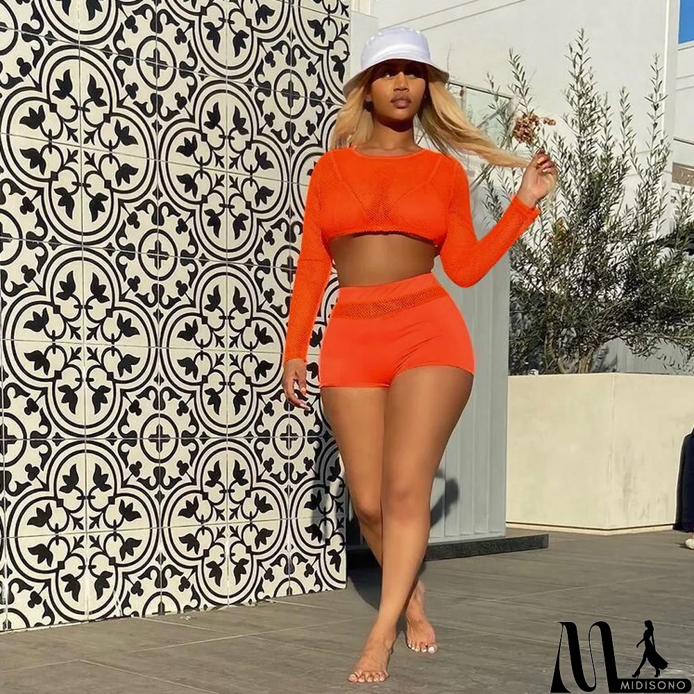 MidiSono - Solid Long Sleeve Breathable 2 Piece Shorts Set
