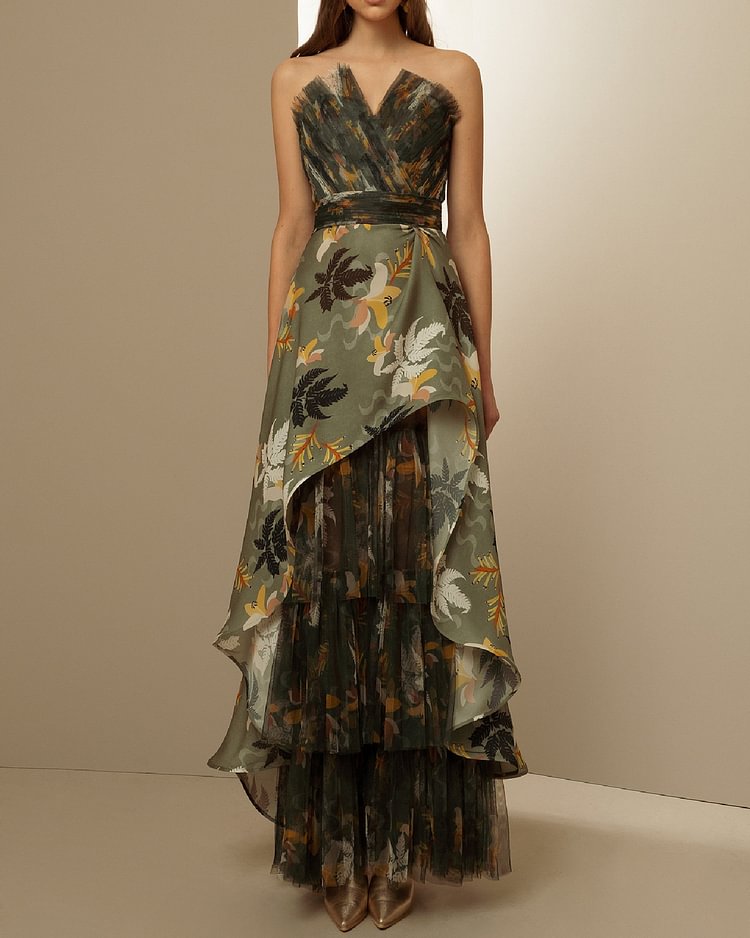 Floral Print Crossover Bandeau Maxi Dress